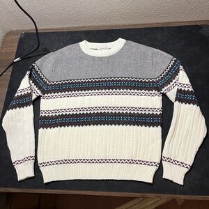 Vintage Fair Isle Cable Knit Mens Crew Neck Sweater Pullover